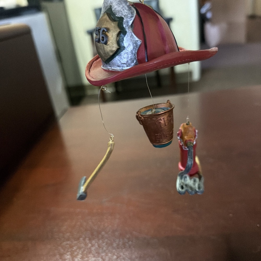 Department 56 Fireman's Helmet Ornament Red Firefighter Axe Bucket Pump
